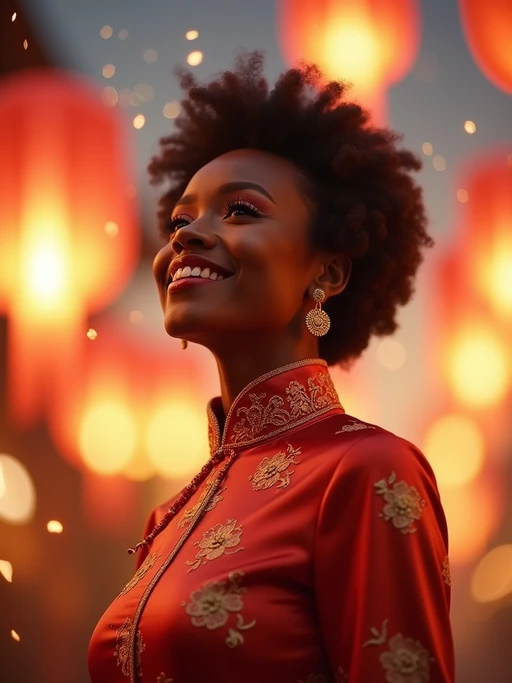 a stunning model celebrating Chinese New Year, sky full of traditional floating lanterns, wearing if(gender=f){a beautiful qipao dress in red and gold} if(gender=m){a traditional Tang suit in auspicious colors}