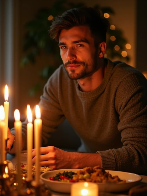 an incredibly attractive model during Hanukkah evening celebrations, surrounded by glowing candles, preparing for family gathering with traditional foods on a beautifully decorated table