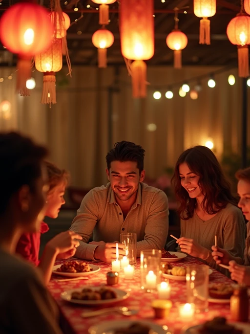 an incredibly attractive model during Eid celebrations, surrounded by glowing fanous lanterns, enjoying festive treats on a beautifully decorated table with family and friends