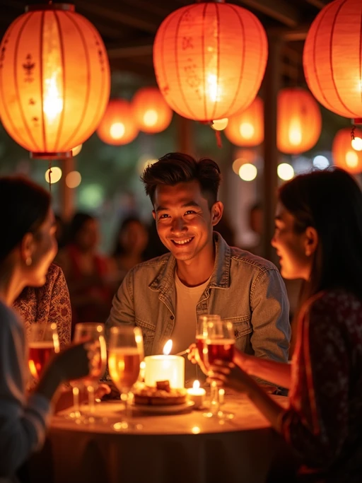 an incredibly attractive model during Eid celebrations, surrounded by glowing fanous lanterns, enjoying festive treats on a beautifully decorated table with family and friends