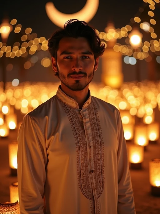 a stunning model celebrating Eid, surrounded by traditional lanterns and fairy lights, wearing if(gender=f){a beautiful modest outfit with elegant hijab} if(gender=m){a traditional thobe or kurta}, with crescent moon decorations in the background