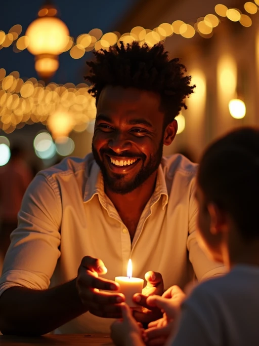 a model with if(gender=f){a happy expression while exchanging Eid greetings in a beautifully decorated space} if(gender=m){a joyful look while giving Eidi to children}, adding a festive quality to their Eid celebration, with soft golden lights and crescent moon decorations visible in the background