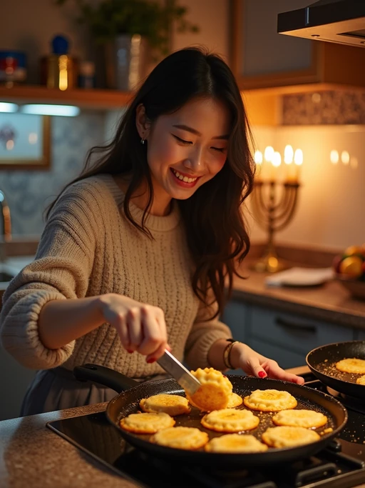 a model with if(gender=f){a happy expression while frying latkes in a warm kitchen} if(gender=m){a joyful look while reciting Hanukkah blessings}, adding a festive quality to their celebration, with menorah lights and blue and gold decorations visible in the background
