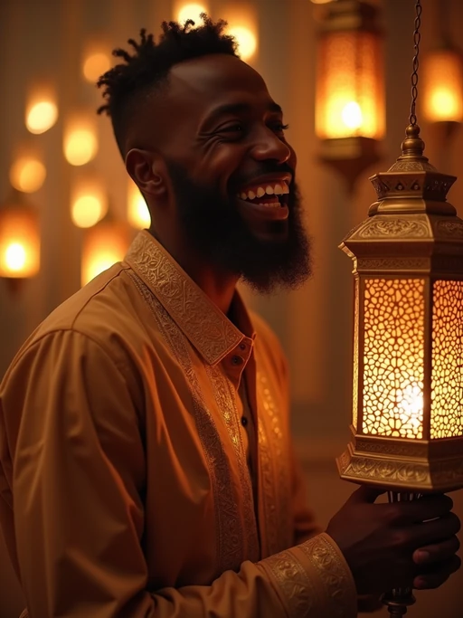 a stunning model surrounded by if(gender=f){beautiful Eid decorations and candles} if(gender=m){traditional lanterns and Islamic art}, capturing the sense of joy and family connection during the holiday