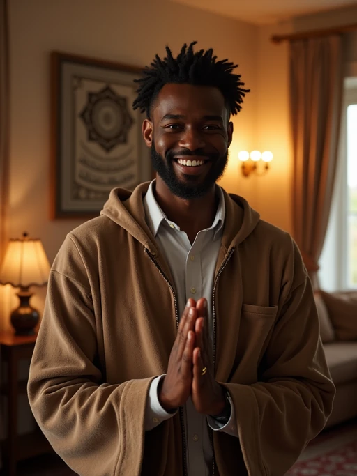 a model with if(gender=f){hands holding Eid gifts and sweets} if(gender=m){hands greeting family members}, standing out in a beautifully decorated home with soft lighting and Islamic calligraphy