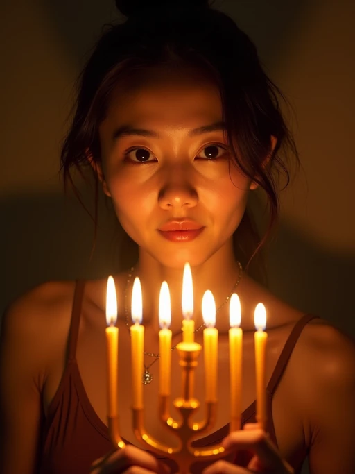 a model with if(gender=f){face illuminated by the warm glow of menorah candles} if(gender=m){face with a joyful expression amid festival lights}, capturing the miracle of light that defines this important holiday