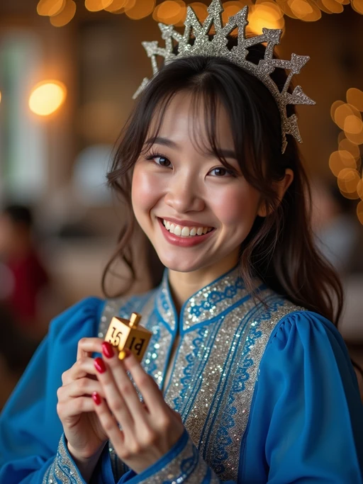 a model in if(gender=f){a festive blue and silver outfit} if(gender=m){traditional holiday clothes}, capturing their joyful energy during Hanukkah celebrations, with dreidels and gelt decorations