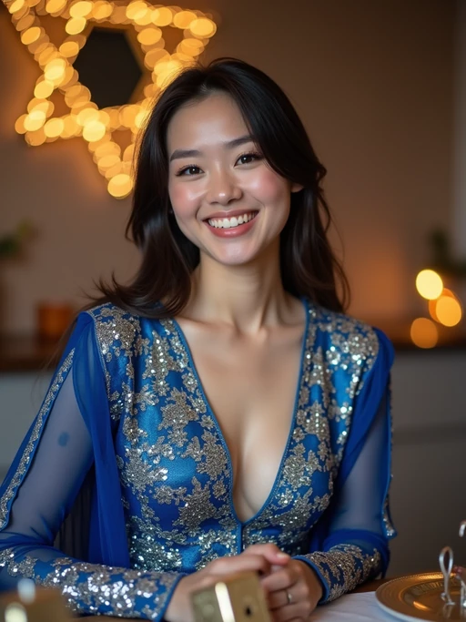 a model in if(gender=f){a festive blue and silver outfit} if(gender=m){traditional holiday clothes}, capturing their joyful energy during Hanukkah celebrations, with dreidels and gelt decorations