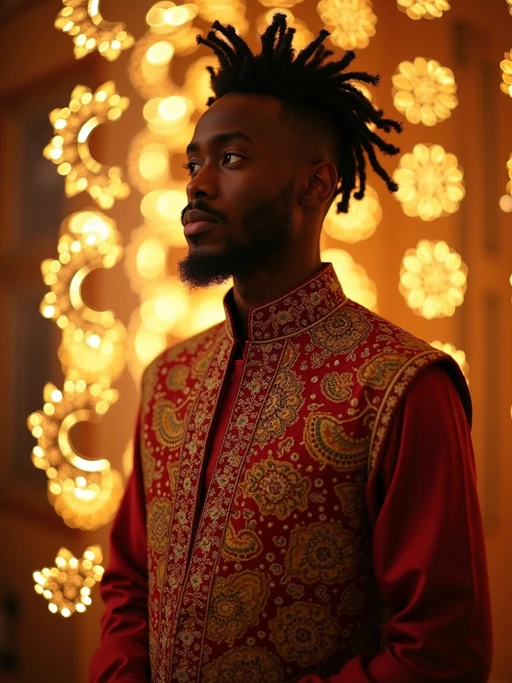 a model in if(gender=f){a flowing abaya with subtle sparkles} if(gender=m){a festive kurta with traditional vest}, striking a pose with beautiful Eid decorations casting intricate light patterns