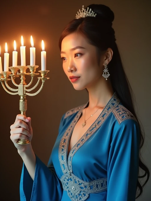 a model in if(gender=f){a flowing blue outfit with silver accents} if(gender=m){a festive blue and white ensemble}, striking a pose with a beautiful menorah casting warm golden light patterns
