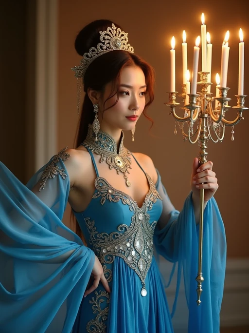 a model in if(gender=f){a flowing blue outfit with silver accents} if(gender=m){a festive blue and white ensemble}, striking a pose with a beautiful menorah casting warm golden light patterns
