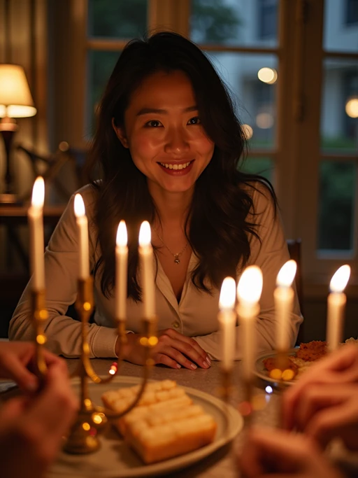 a model enjoying Hanukkah festivities in the evening, surrounded by if(gender=f){family members playing dreidel} if(gender=m){friends lighting the menorah}, with a table full of traditional foods like latkes and sufganiyot