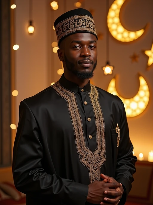 a stunning model with if(gender=f){an elegantly styled hijab and modest festive attire} if(gender=m){a traditional cap and formal outfit}, capturing the essence of Eid traditions in a room decorated with crescent moons and stars
