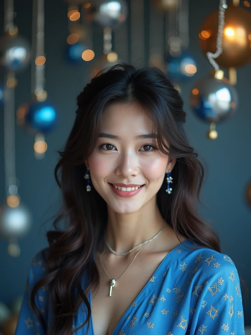 a stunning model with if(gender=f){hair adorned with subtle blue and silver accessories} if(gender=m){a kippah and formal outfit}, capturing the essence of Hanukkah traditions in a room decorated with Stars of David and blue and silver ornaments