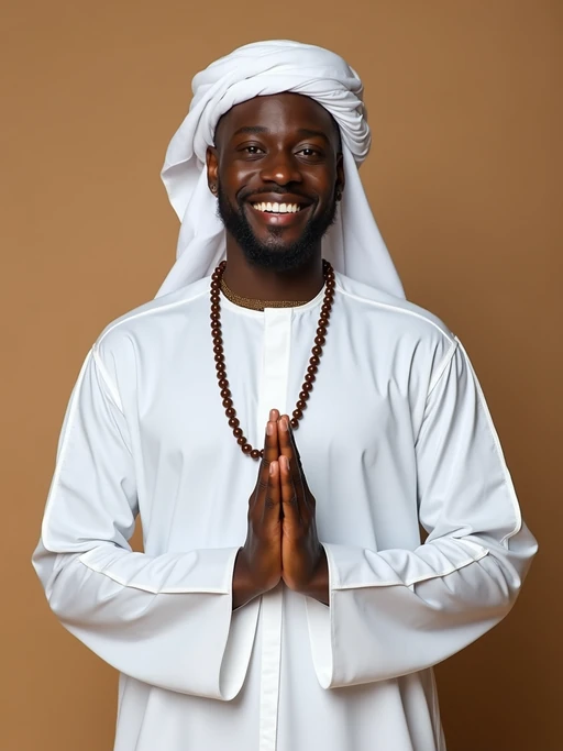 a model in if(gender=f){a modest festive outfit with embroidered details} if(gender=m){a crisp white thobe with subtle embellishments}, embodying the joyful and blessed nature of Eid, with prayer beads in hand