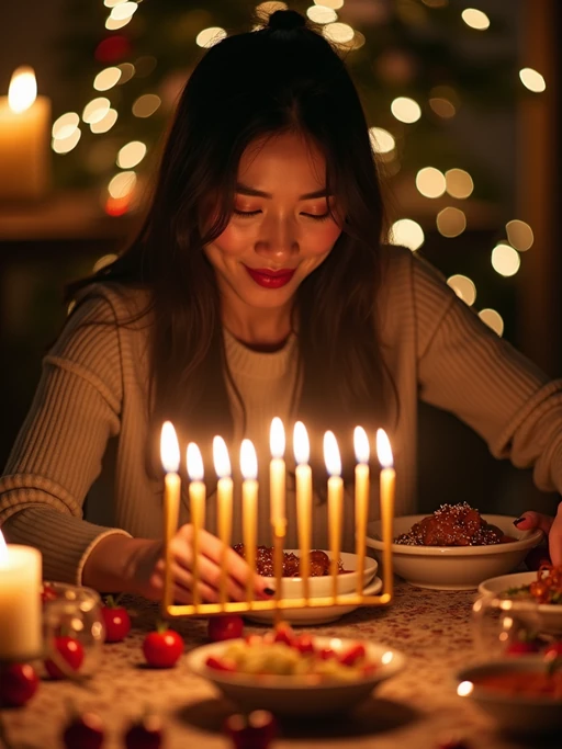 an incredibly attractive model during Hanukkah evening celebrations, surrounded by glowing candles, preparing for family gathering with traditional foods on a beautifully decorated table
