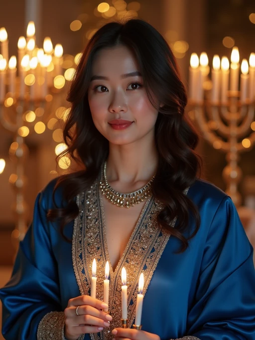 a stunning model celebrating Hanukkah, surrounded by lit menorahs and twinkling lights, wearing if(gender=f){a beautiful modest outfit in blue and silver} if(gender=m){a traditional festive attire}, with Star of David decorations in the background