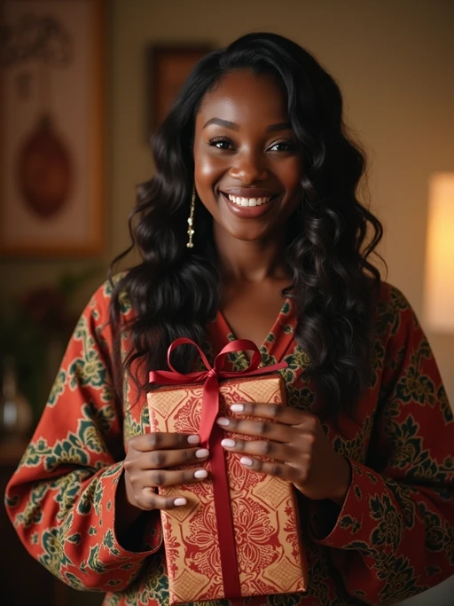 a model with if(gender=f){hands holding Eid gifts and sweets} if(gender=m){hands greeting family members}, standing out in a beautifully decorated home with soft lighting and Islamic calligraphy