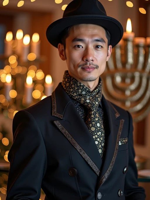 a stunning model in if(gender=f){a modern outfit with traditional blue and gold elements} if(gender=m){contemporary fashion with traditional Jewish touches}, capturing their festive look against a backdrop of Hanukkah symbols and decorations