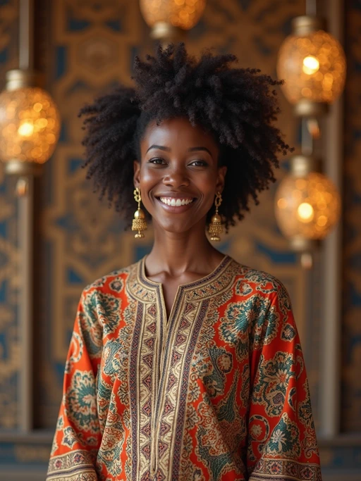 a stunning model in if(gender=f){a modern modest outfit with traditional elements} if(gender=m){contemporary modest fashion with traditional touches}, capturing their festive look against a backdrop of Islamic geometric patterns and Eid decorations