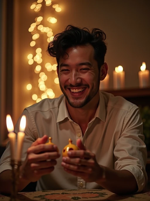 a model enjoying the Hanukkah atmosphere, with if(gender=f){hands lighting the shamash candle} if(gender=m){hands spinning a dreidel}, radiating happiness and spiritual connection