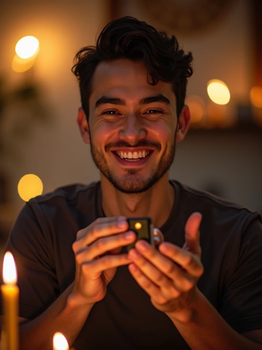 a model enjoying the Hanukkah atmosphere, with if(gender=f){hands lighting the shamash candle} if(gender=m){hands spinning a dreidel}, radiating happiness and spiritual connection