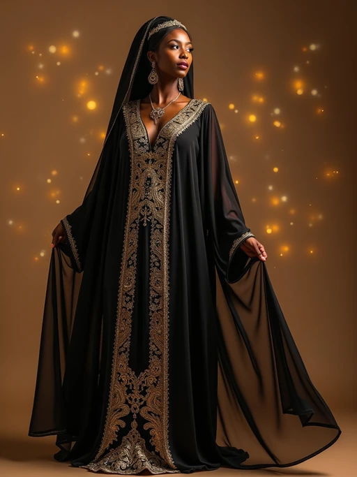 a model in if(gender=f){a flowing abaya with subtle sparkles} if(gender=m){a festive kurta with traditional vest}, striking a pose with beautiful Eid decorations casting intricate light patterns