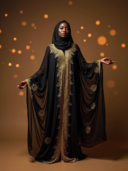 a model in if(gender=f){a flowing abaya with subtle sparkles} if(gender=m){a festive kurta with traditional vest}, striking a pose with beautiful Eid decorations casting intricate light patterns