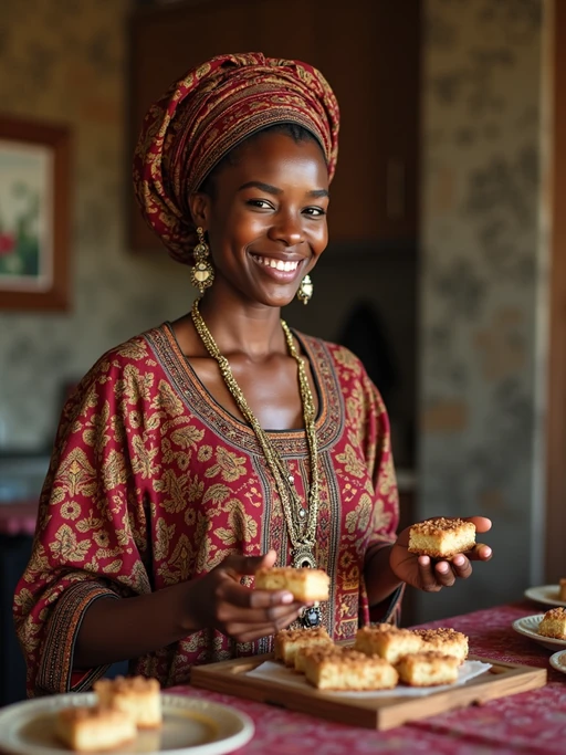 a model in traditional attire during Eid, sharing if(gender=f){homemade sweets with family} if(gender=m){dates and food with guests}, capturing the generous and community spirit of the holiday