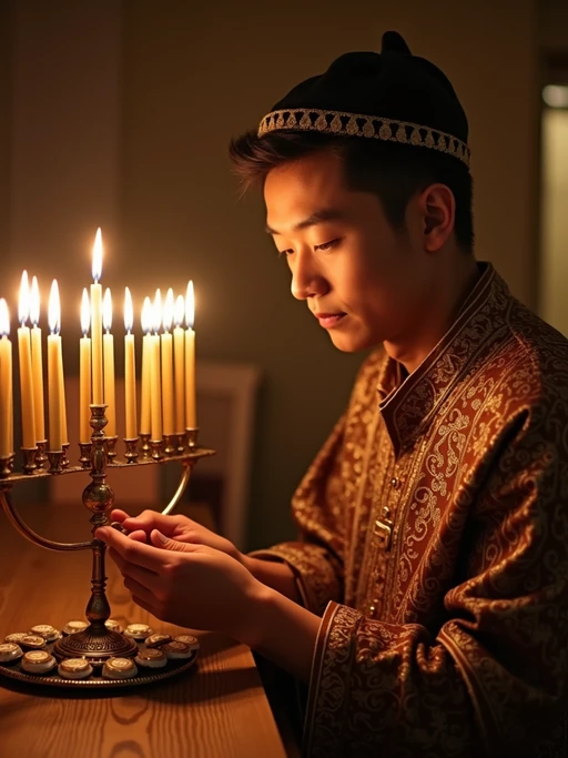 a model in traditional attire during Hanukkah, sharing if(gender=f){homemade sufganiyot with family} if(gender=m){gelt chocolate coins with guests}, capturing the generous and family-oriented spirit of the Festival of Lights