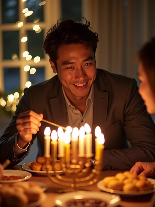 a model enjoying Hanukkah festivities in the evening, surrounded by if(gender=f){family members playing dreidel} if(gender=m){friends lighting the menorah}, with a table full of traditional foods like latkes and sufganiyot