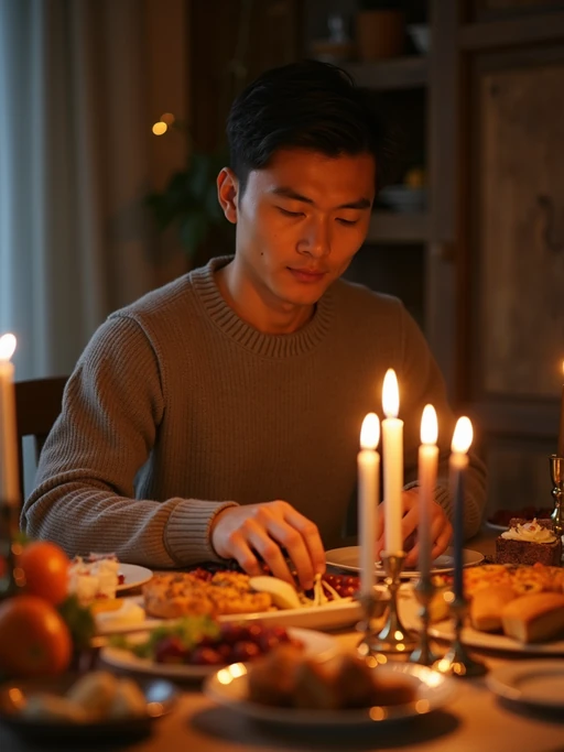 an incredibly attractive model during Hanukkah evening celebrations, surrounded by glowing candles, preparing for family gathering with traditional foods on a beautifully decorated table