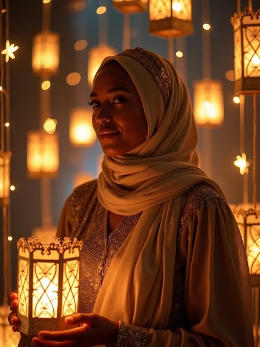 a stunning model celebrating Eid, surrounded by traditional lanterns and fairy lights, wearing if(gender=f){a beautiful modest outfit with elegant hijab} if(gender=m){a traditional thobe or kurta}, with crescent moon decorations in the background