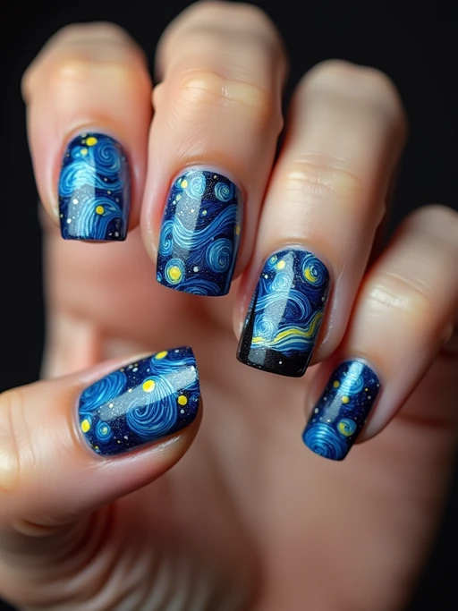 nails with starry night sky design inspired by Van Gogh, swirling blue and yellow patterns, clean softbox lighting, posed fingers with high gloss
