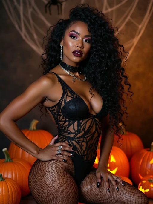model wearing (naughty halloween) (sexy halloween costume) (fishnet bodystockings) (halloween outfit), spooky outfit posing for photo, background is halloween pumpkins and spiderwebs