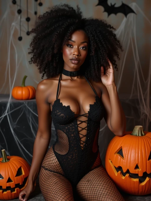 model wearing (naughty halloween) (sexy halloween costume) (fishnet bodystockings) (halloween outfit), spooky outfit posing for photo, background is halloween pumpkins and spiderwebs