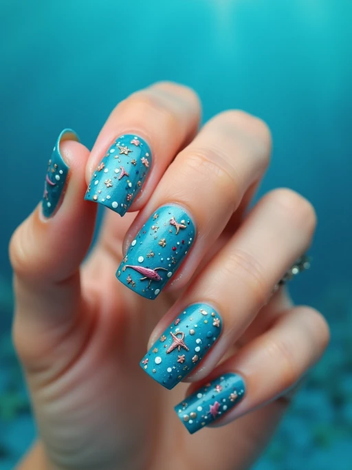 nails with underwater ocean scene featuring tiny sea creatures, vibrant blue ombré background, trendy and bold hand styling