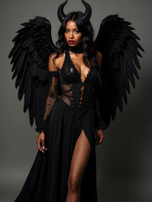 a model dressed as an angel poses for a picture, dark angel, angel knight gothic girl, dark gothic dress, very sexy devil outfit, full body devil woman, gothic model dressed in black and red, megan fox witch queen, raven winged female vampire, villainess has black angel wings, gothic outfit, tall female angel, gothic dress, fallen angel, winged model angel, fishnet stockings