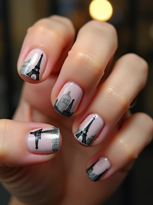 nails featuring miniature Eiffel Tower design, Parisian cityscape art, romantic lighting, posed fingers showcasing intricate details