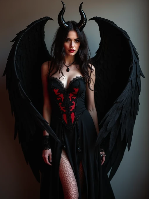 a model dressed as an angel poses for a picture, dark angel, angel knight gothic girl, dark gothic dress, very sexy devil outfit, full body devil woman, gothic model dressed in black and red, megan fox witch queen, raven winged female vampire, villainess has black angel wings, gothic outfit, tall female angel, gothic dress, fallen angel, winged model angel, fishnet stockings