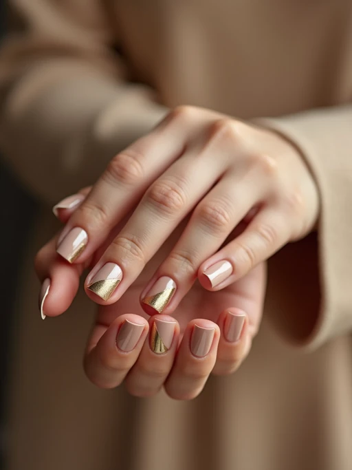 nude base nails with gold foil accents, macro shot, soft focus background, elegant hand pose, editorial-quality beauty photography, luxury vibe