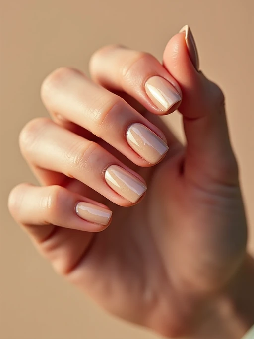 studio shot of chrome glazed donut nails with glossy reflections, hand posed elegantly, modern beauty lighting, high-shine texture visible, magazine-style presentation