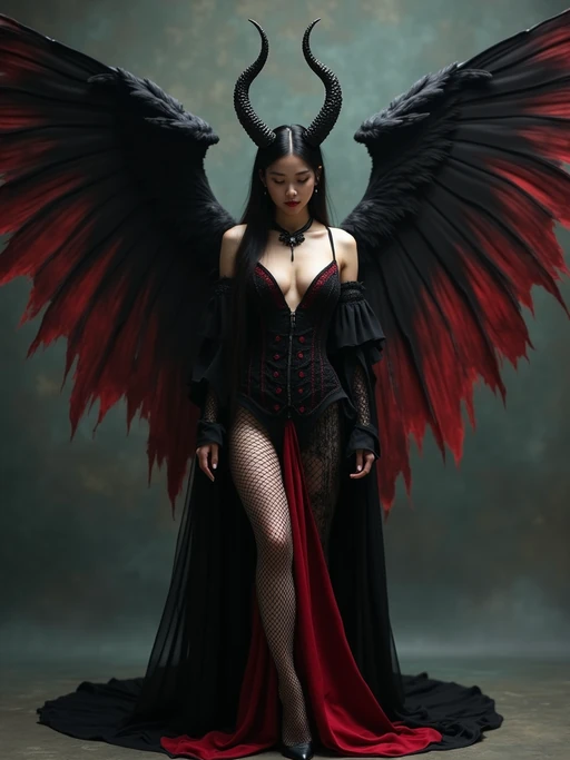 a model dressed as an angel poses for a picture, dark angel, angel knight gothic girl, dark gothic dress, very sexy devil outfit, full body devil woman, gothic model dressed in black and red, megan fox witch queen, raven winged female vampire, villainess has black angel wings, gothic outfit, tall female angel, gothic dress, fallen angel, winged model angel, fishnet stockings