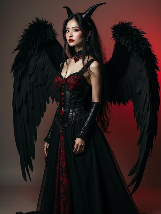 a model dressed as an angel poses for a picture, dark angel, angel knight gothic girl, dark gothic dress, very sexy devil outfit, full body devil woman, gothic model dressed in black and red, megan fox witch queen, raven winged female vampire, villainess has black angel wings, gothic outfit, tall female angel, gothic dress, fallen angel, winged model angel, fishnet stockings