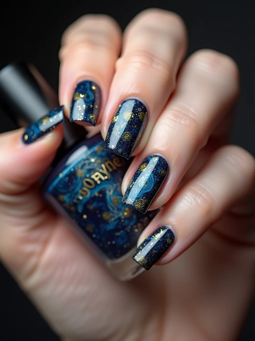 nails with starry night sky design inspired by Van Gogh, swirling blue and yellow patterns, clean softbox lighting, posed fingers with high gloss