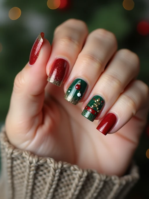 Christmas tree themed nails with tiny ornaments and glitter, festive red and green colors, elegant hand pose, holiday-inspired nail art