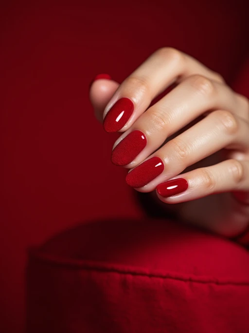 red velvet almond-shaped nails, beauty studio setting, rich red tones, soft bokeh background, posed fingers showcasing nail curve