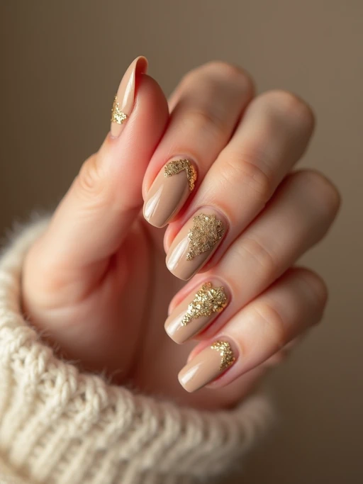 nude base nails with gold foil accents, macro shot, soft focus background, elegant hand pose, editorial-quality beauty photography, luxury vibe