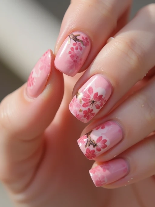 cherry blossom themed nails with delicate pink flowers, spring-inspired design, soft natural lighting, close-up on intricate details