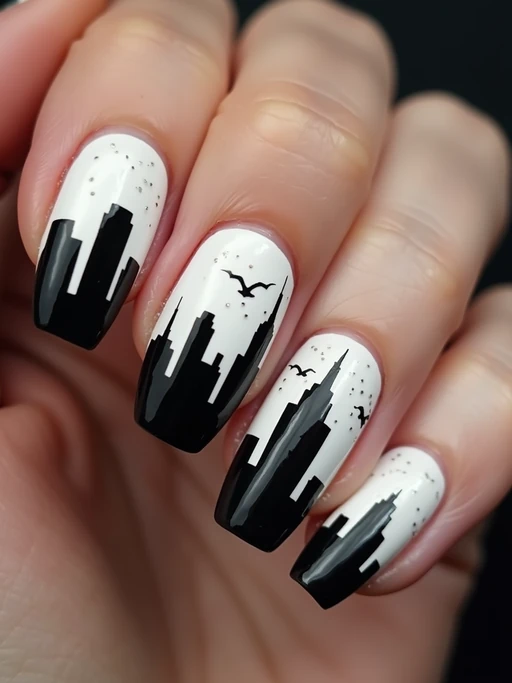nails with detailed New York skyline silhouette, Empire State Building accent nail, urban aesthetic, professional beauty photography